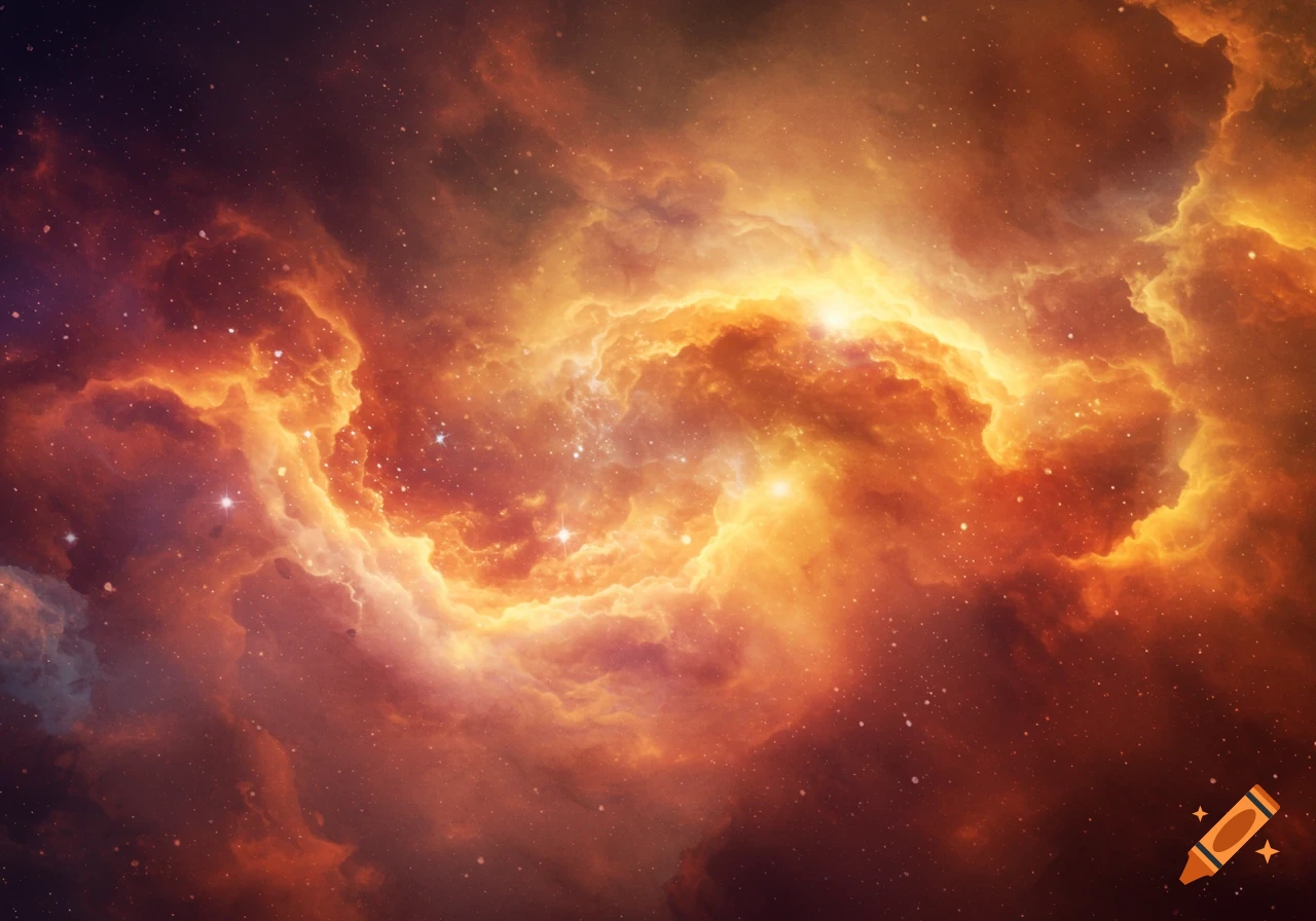 An abstract image of a vibrant orange and red nebula with twinkling stars.