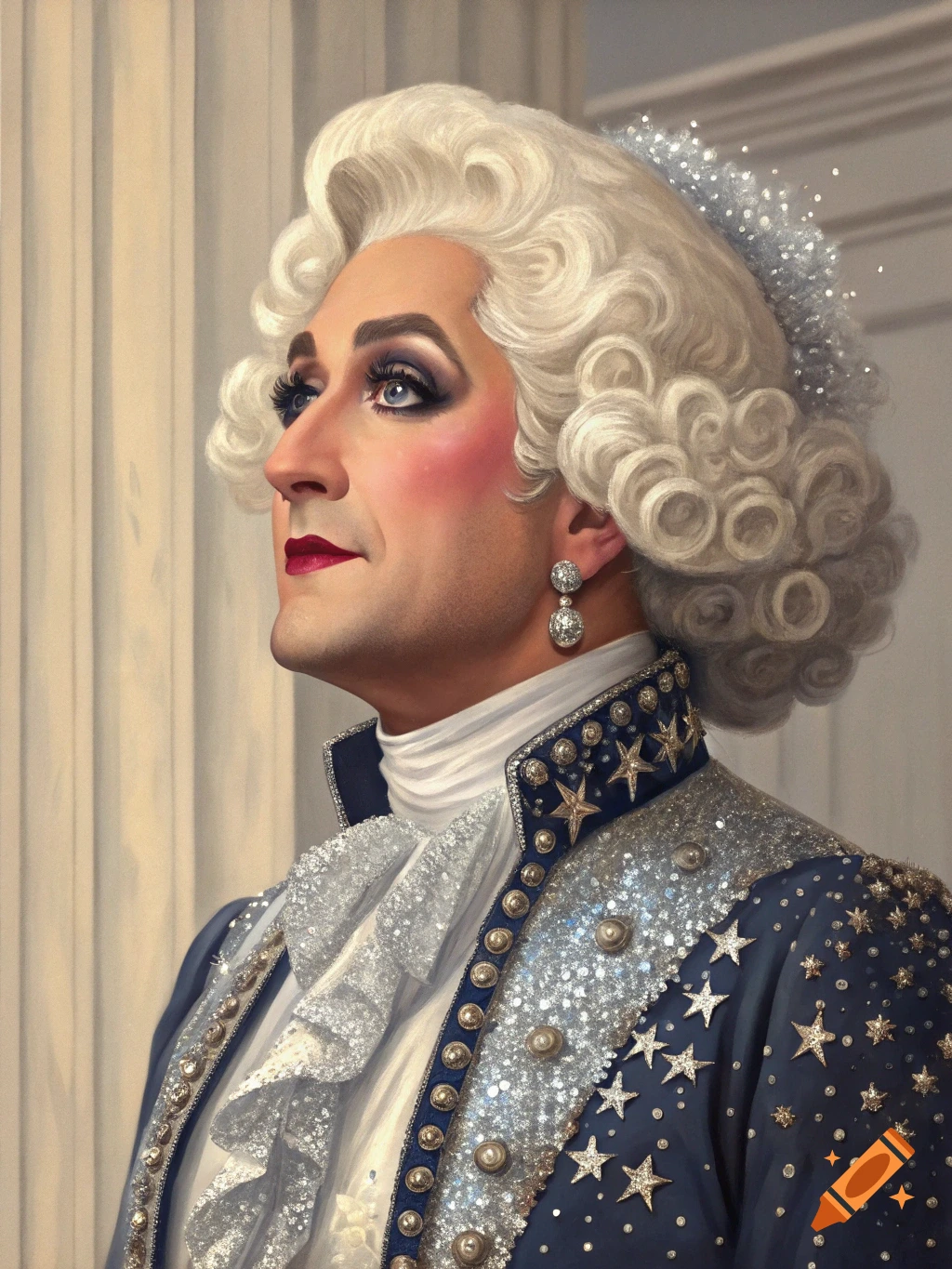 Portrait painting of a drag queen dressed as George Washington in a sparkly blue and silver jacket and white wig.