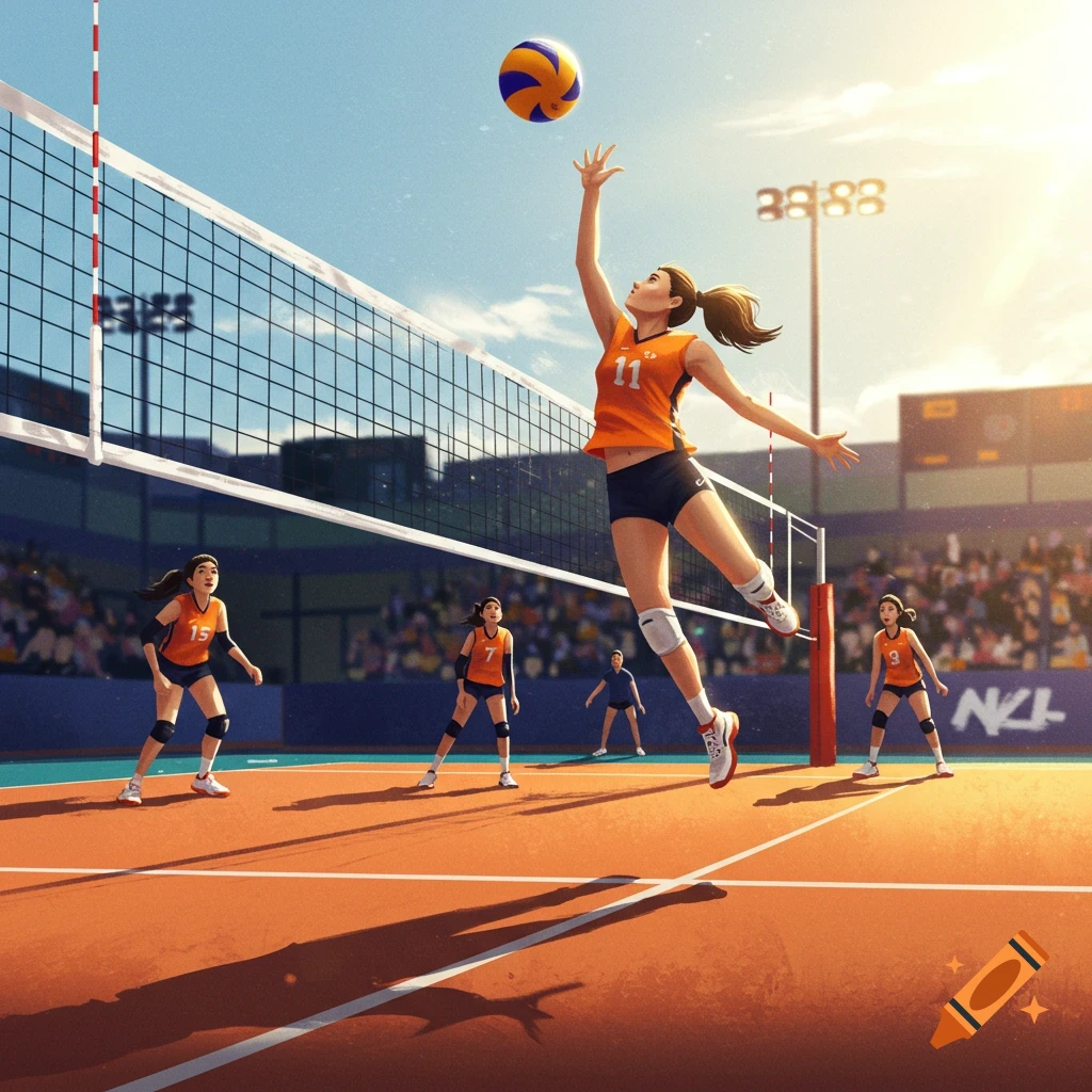 Female volleyball player spiking the ball over the net during a game