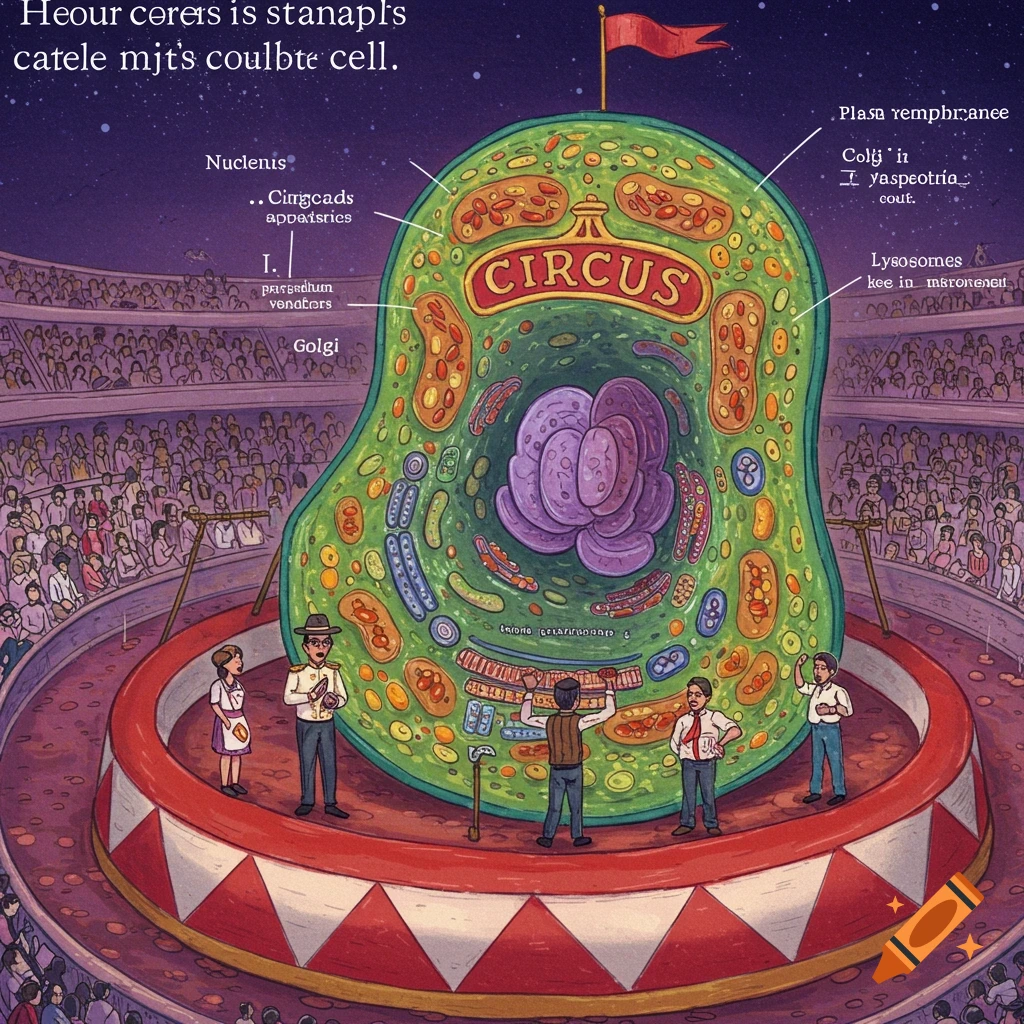Illustration of a cell depicted as a circus tent and stage in an arena with performers.