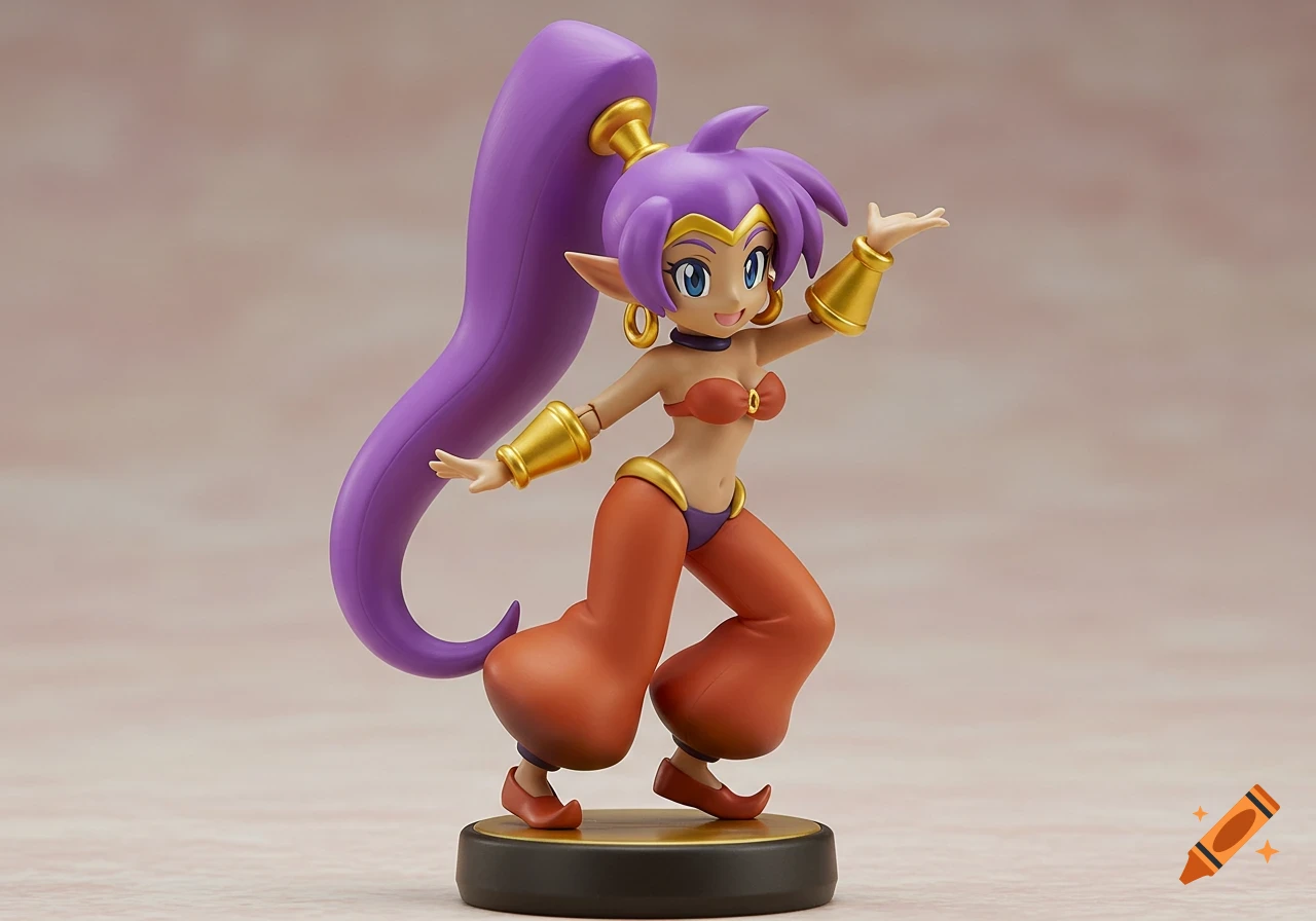 A figure of the character Shantae, a half-genie with purple hair and red and gold attire, standing on a circular base.