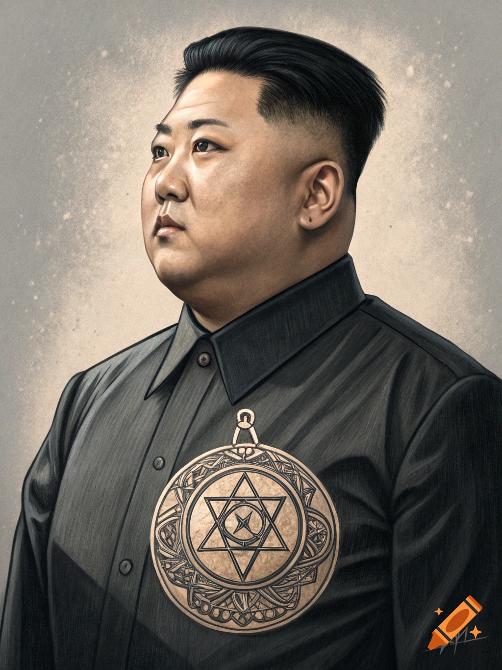 Portrait of Kim Jong Un wearing a dark shirt and a gold pendant.