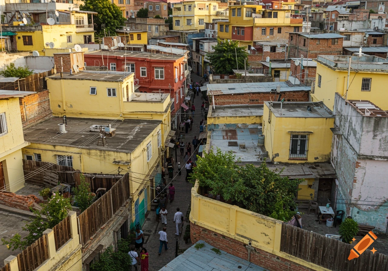High-angle view of a narrow street lined by densely packed buildings, with people walking below.
