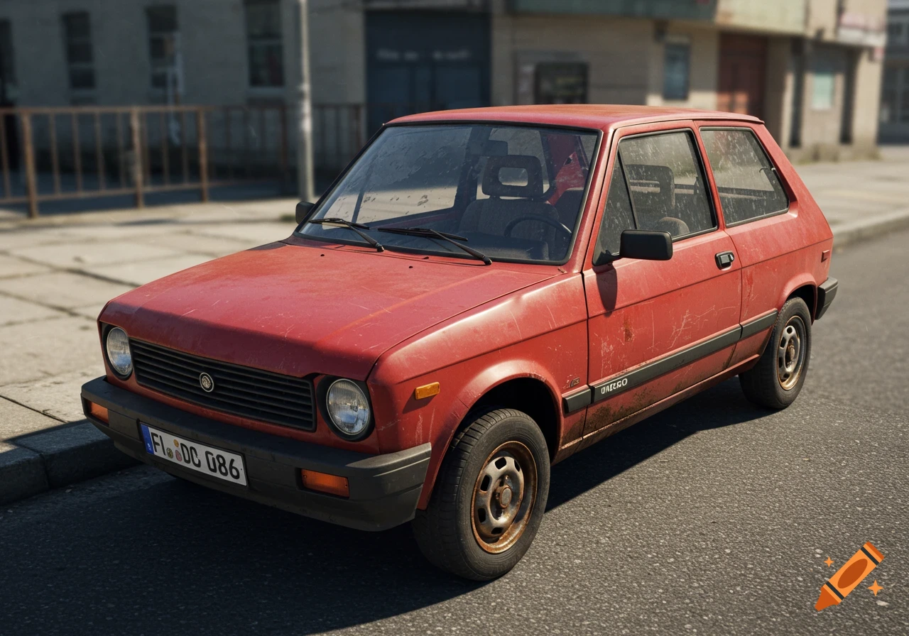 A red, beat-up 1986 Yugo GV is parked on a street in a photorealistic style.