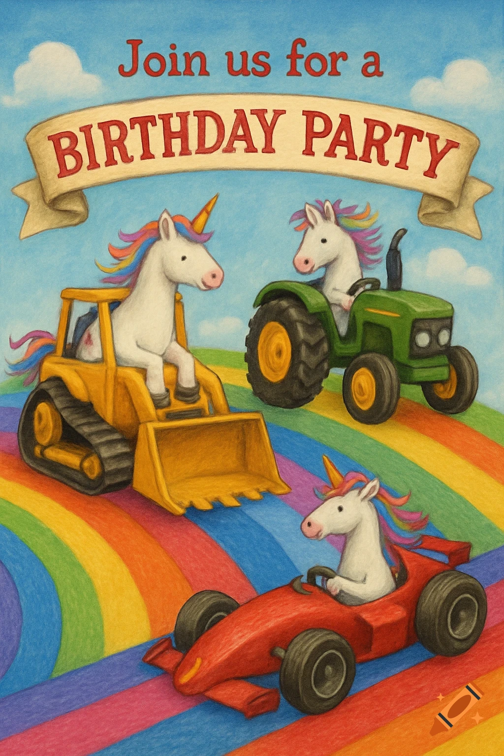 Illustration of three unicorns driving a bulldozer, tractor, and race car on a rainbow road, with text Join us for a Birthday Party.