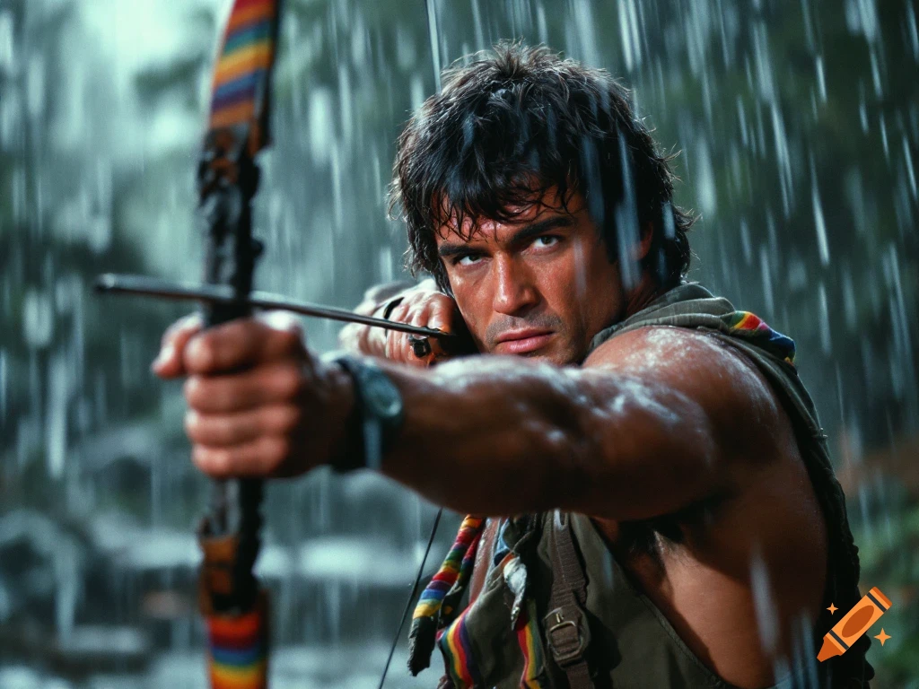 Sylvester Stallone as Rambo aiming a bow and arrow in the rain