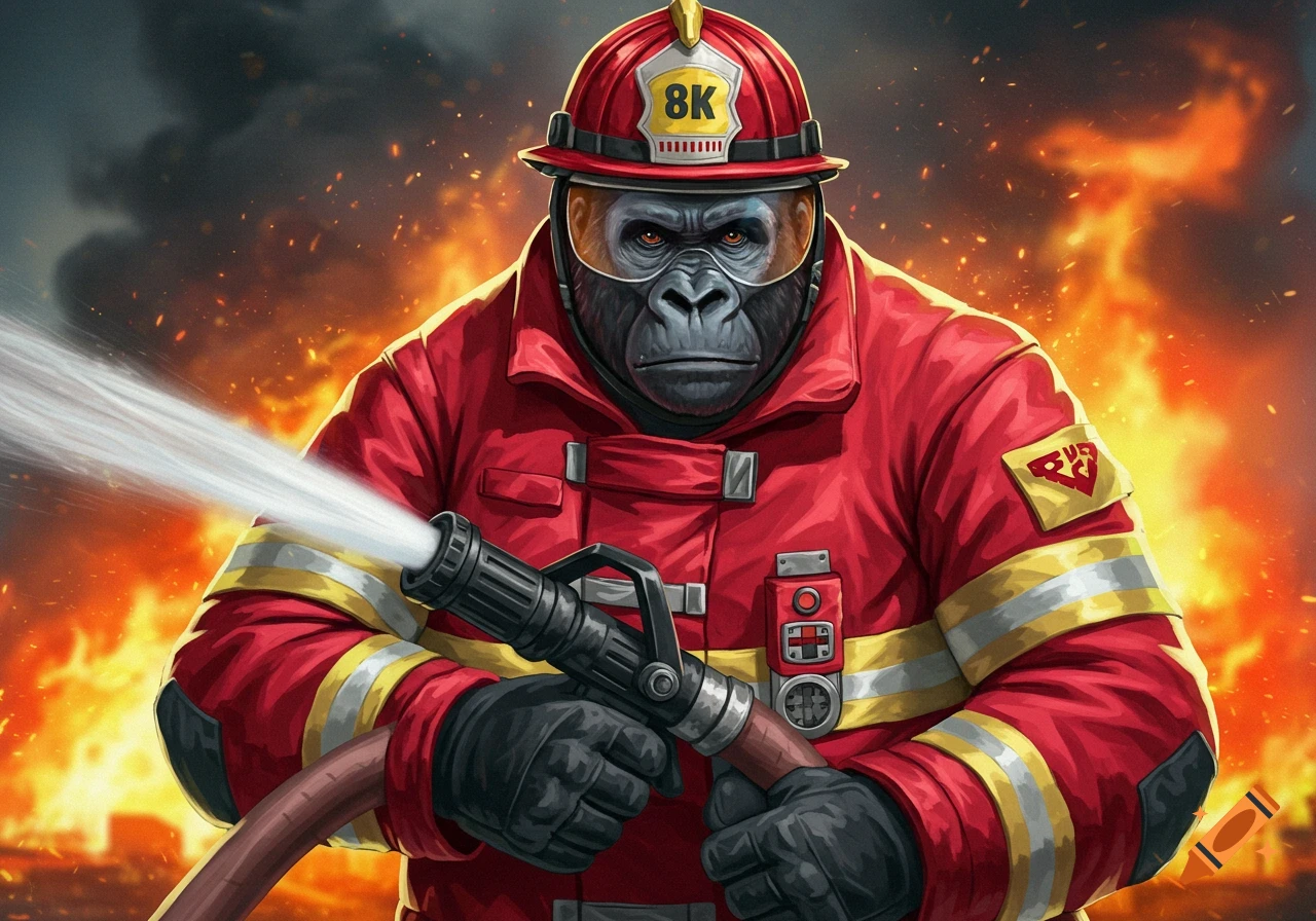 A gorilla in a firefighter suit holds a hose, fighting a fire. Illustration.
