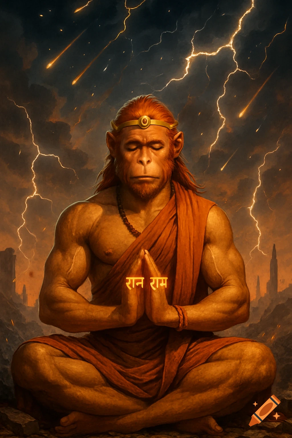 Muscular monkey god in prayer pose against stormy sky with lightning and meteors.
