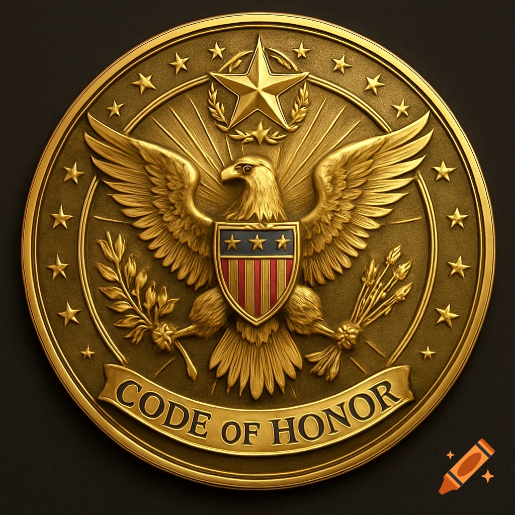 A golden emblem with an eagle holding a shield and branches, topped by a star, surrounded by stars, with a banner reading "CODE OF HONOR".