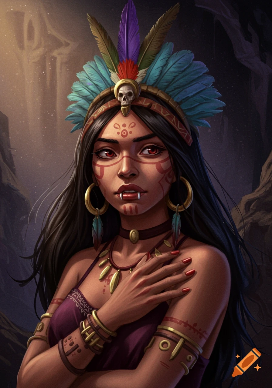 Fantasy portrait of a woman with fangs, red eyes, tribal markings, and feathered headdress.