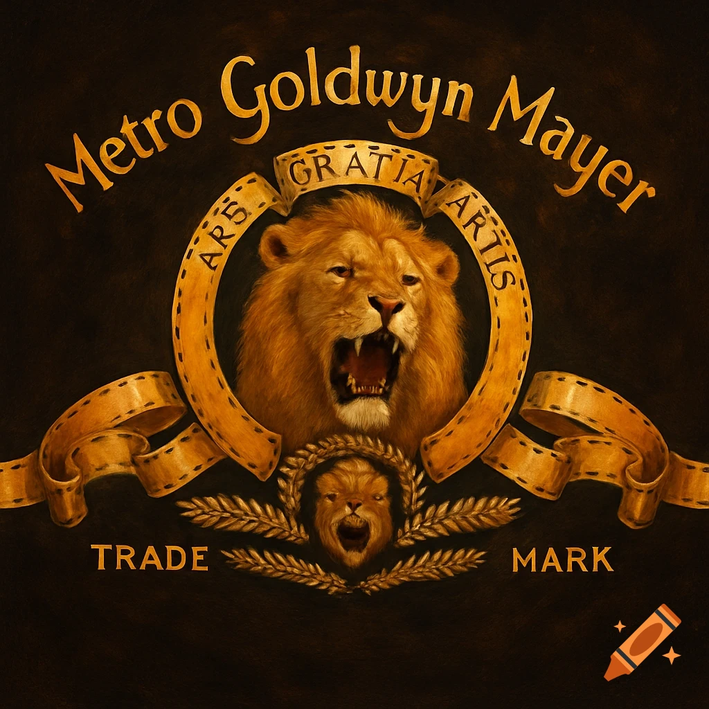 MGM logo with a roaring lion in a film reel frame and text