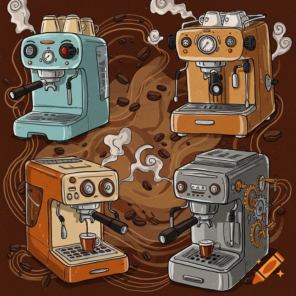 Illustration of four vintage-style coffee machines with coffee beans and steam on a brown background.