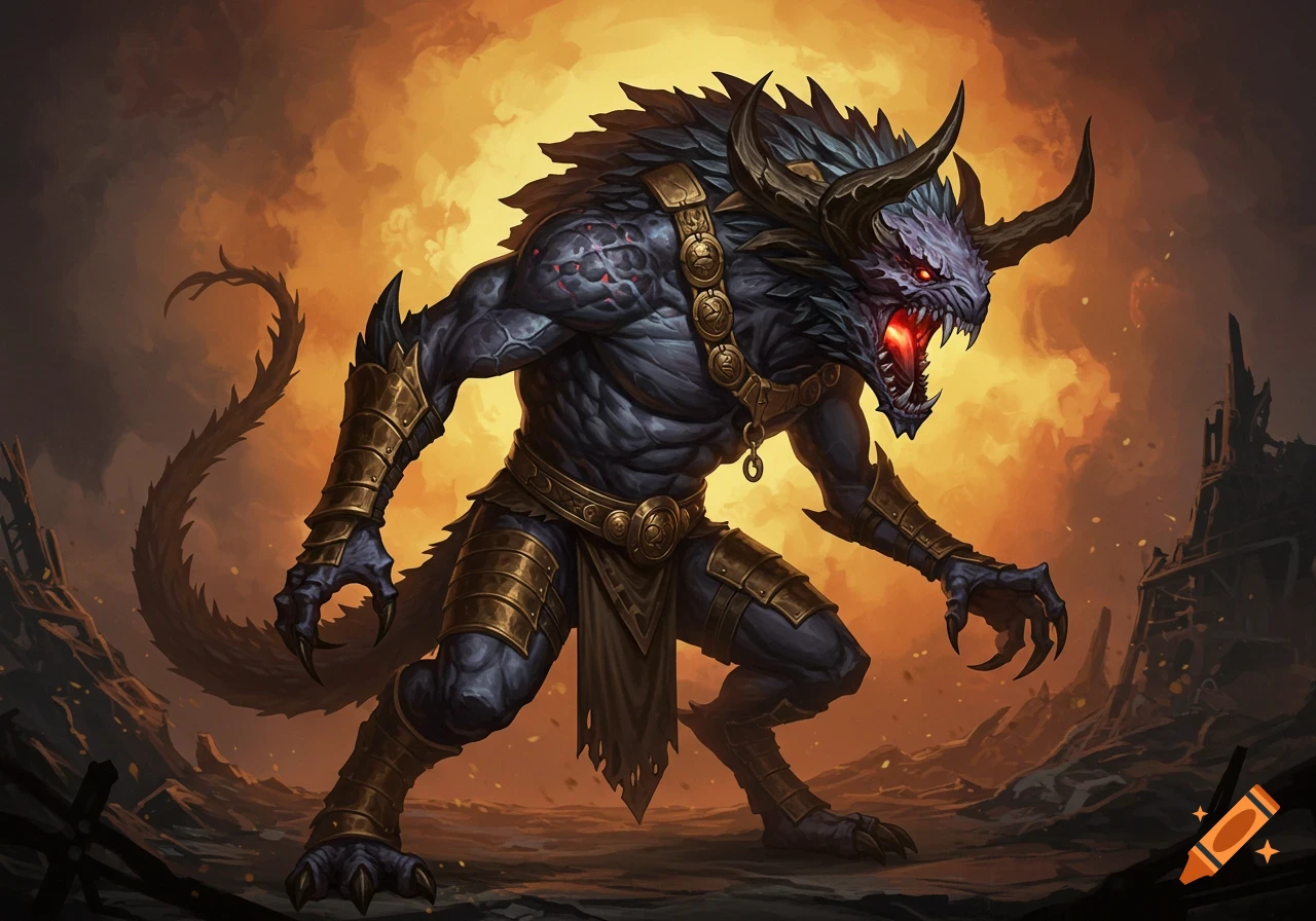 A dark fantasy creature with horns and glowing eyes, wearing gold armor ...