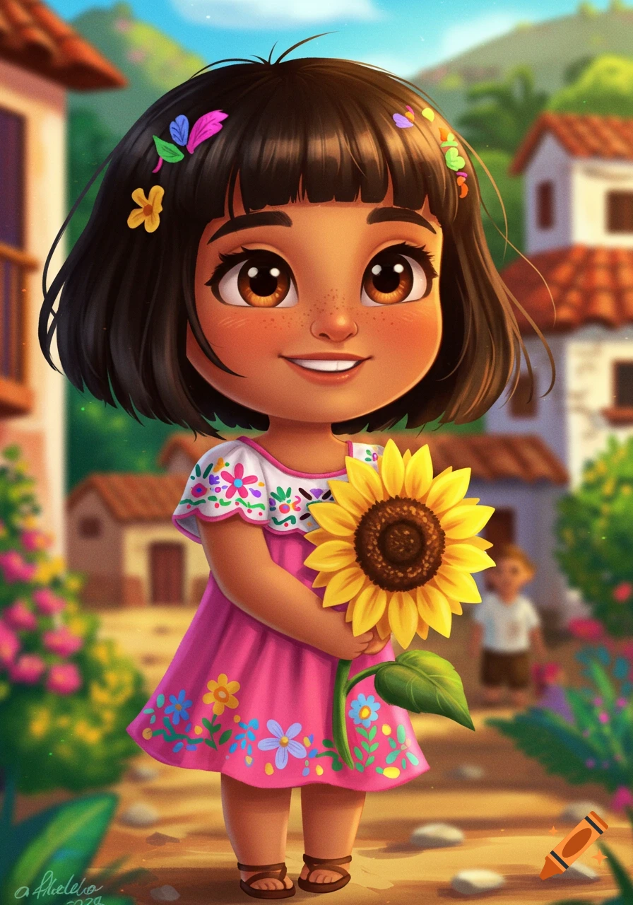 Cute cartoon girl in a pink floral dress holding a sunflower in a village street.