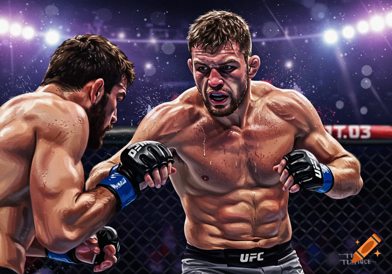 Two muscular men fight in an MMA ring under bright lights, in a digital painting style.
