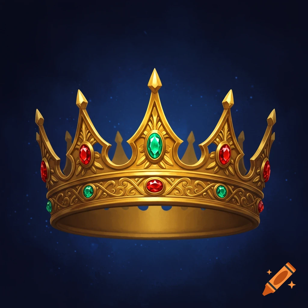 A golden crown with red and green gems on a dark blue background.
