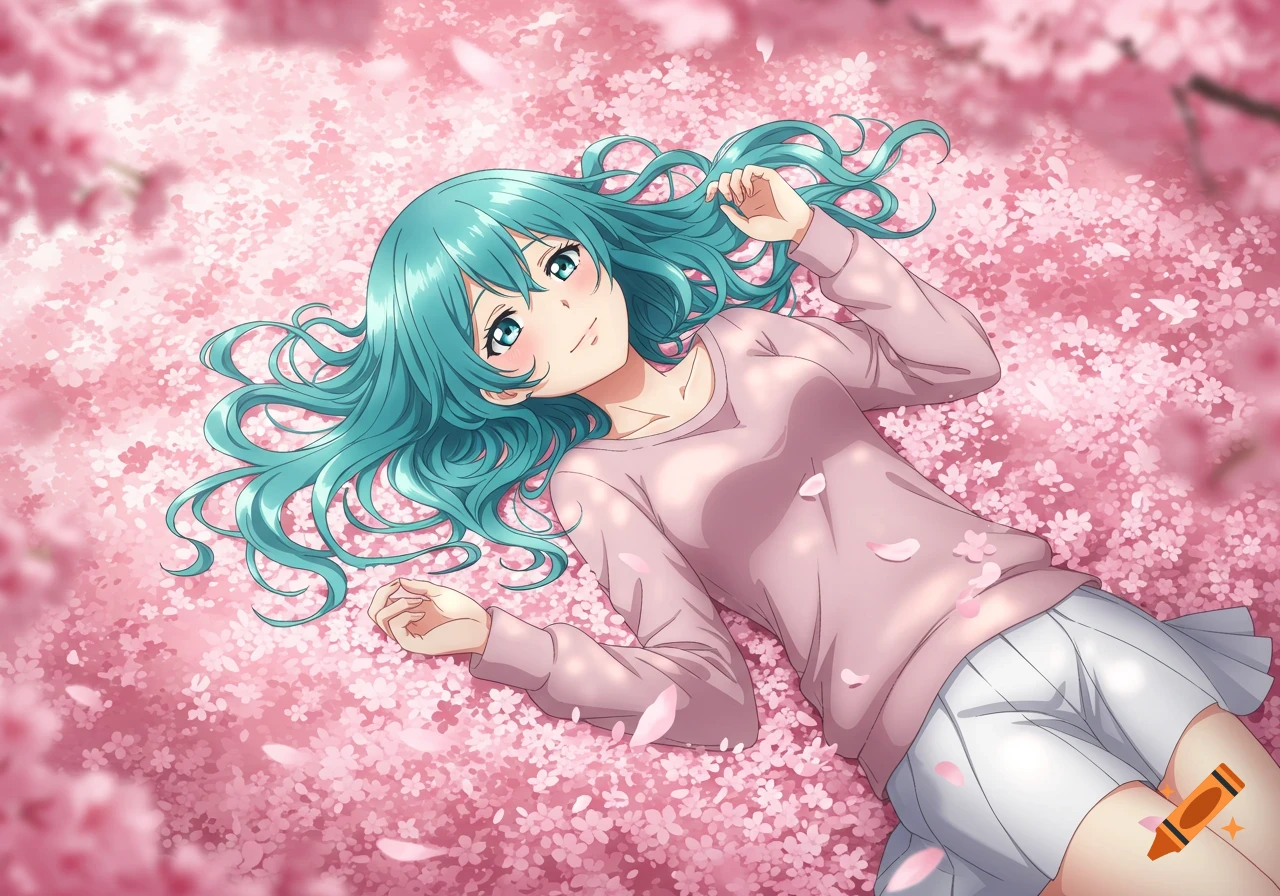 Anime girl with teal hair lying on pink cherry blossoms