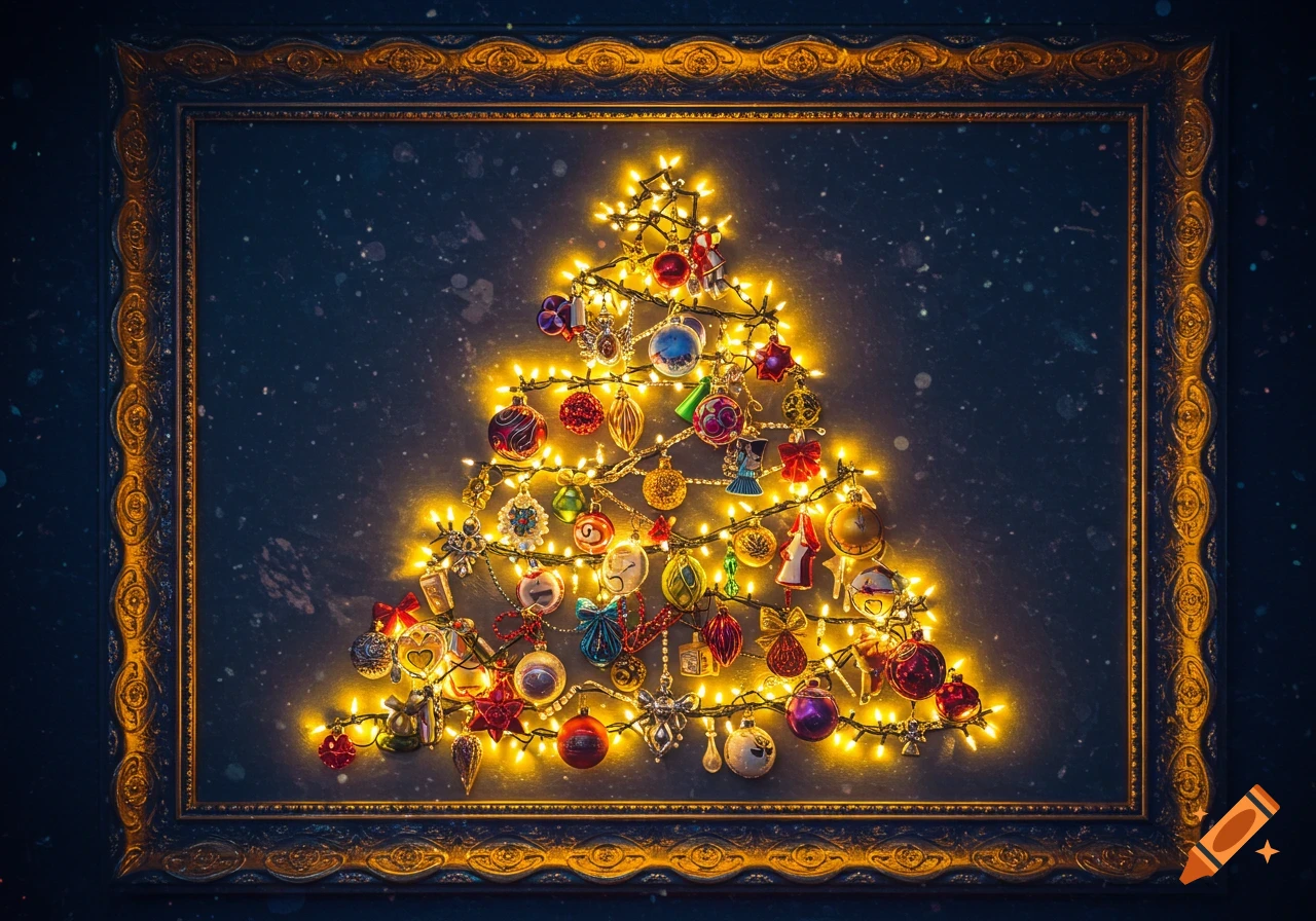 A christmas tree shape made of string lights and jewelry ornaments, displayed in an ornate frame.