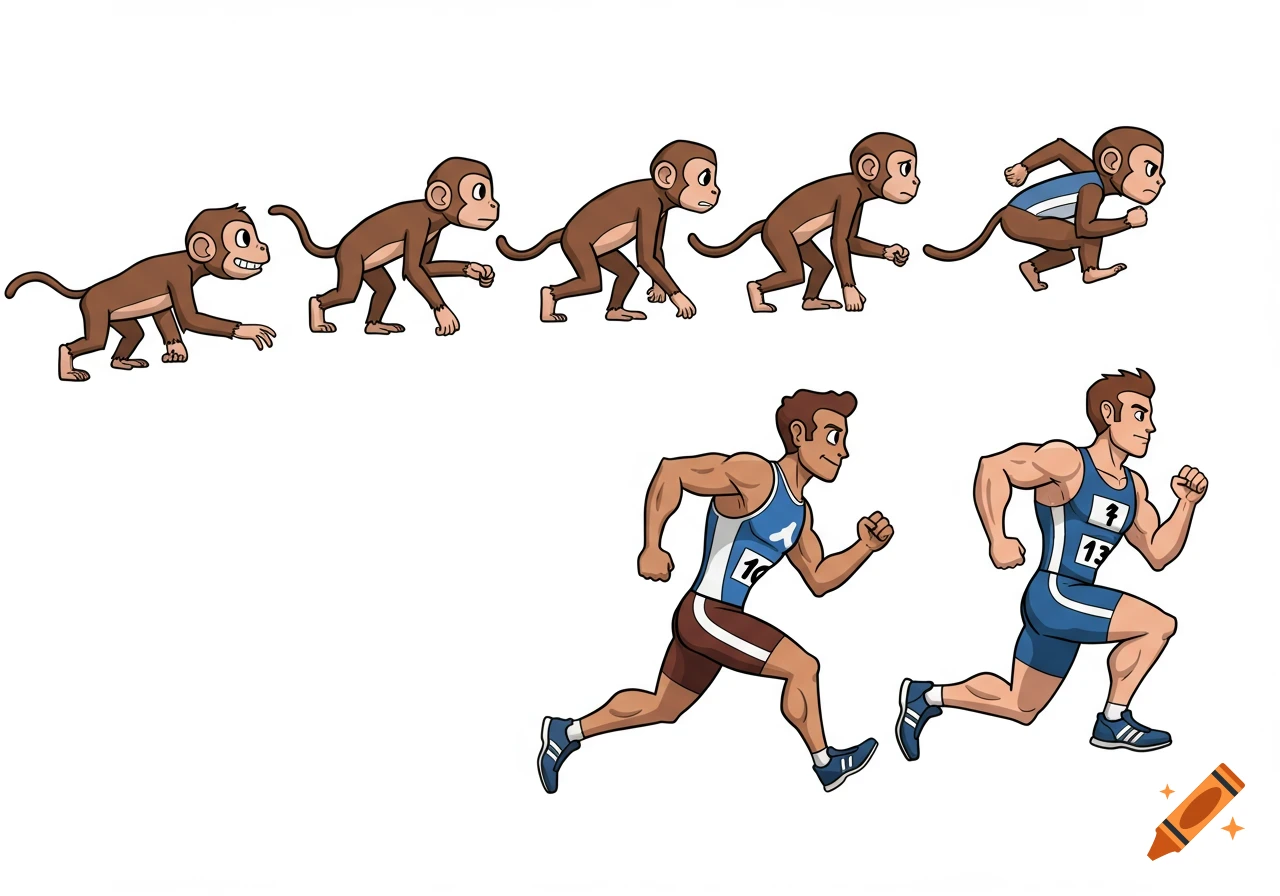 Cartoon sequence showing a monkey evolving into a human runner.