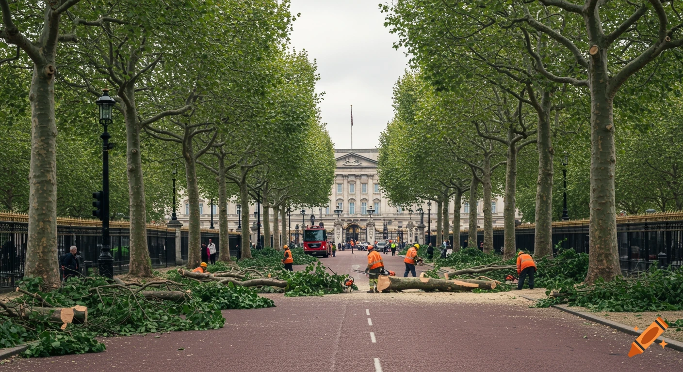 Workers cut trees on the Mall leading to Buckingham Palace in London. Photorealistic.