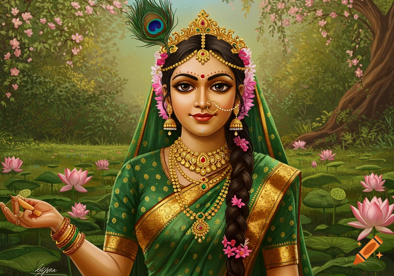 Traditional art illustration of Radharani in a garden with lotus flowers.