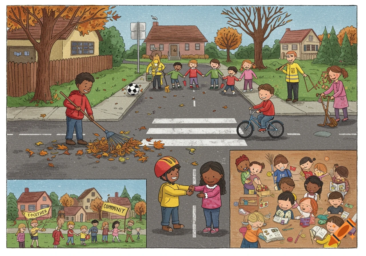 An illustration of children and adults in autumn, showing scenes of raking leaves, crossing a street, biking, a classroom, and a community gathering.