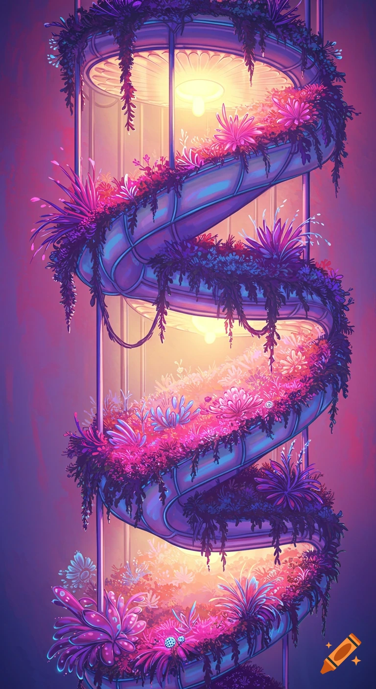 A brightly lit vertical spiral greenhouse structure covered in vibrant fantasy plants.
