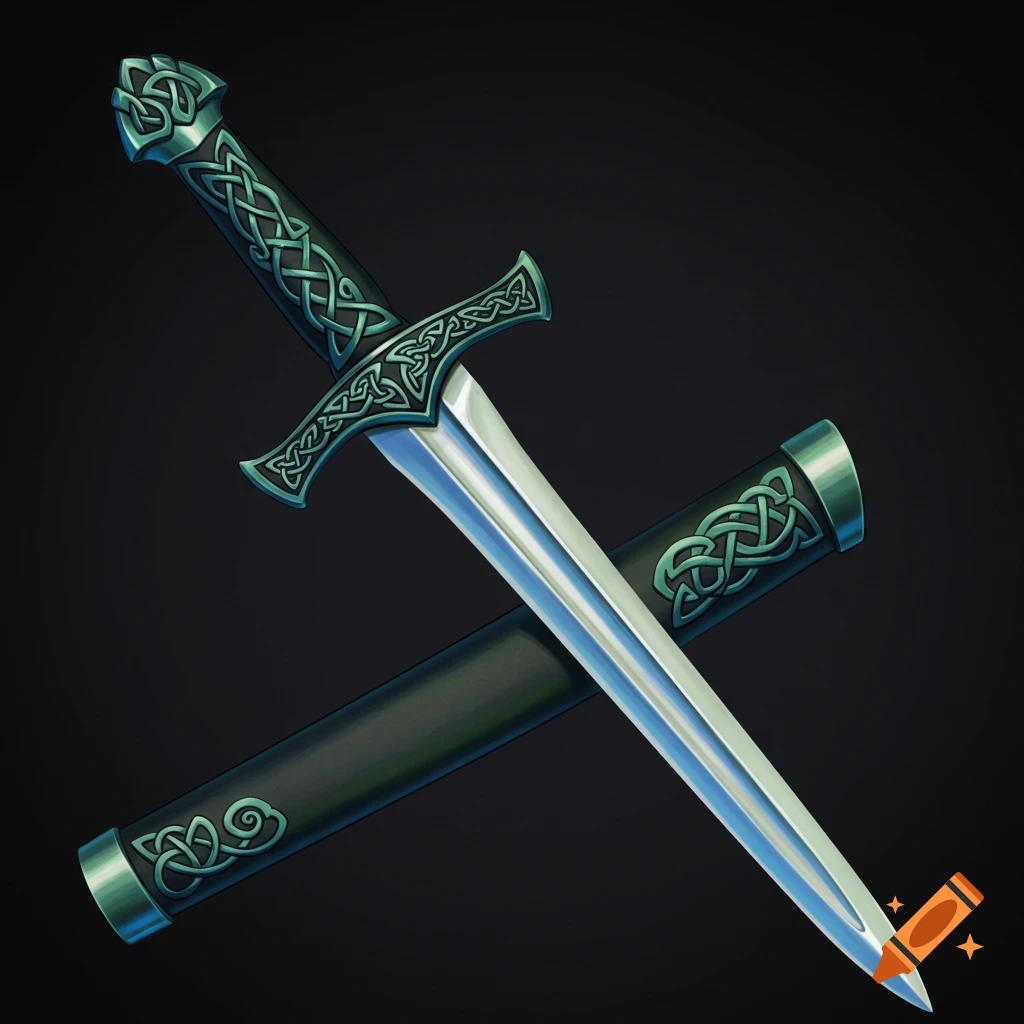 A close-up rendering of a shortsword with intricate turquoise Celtic knots on the hilt and scabbard.