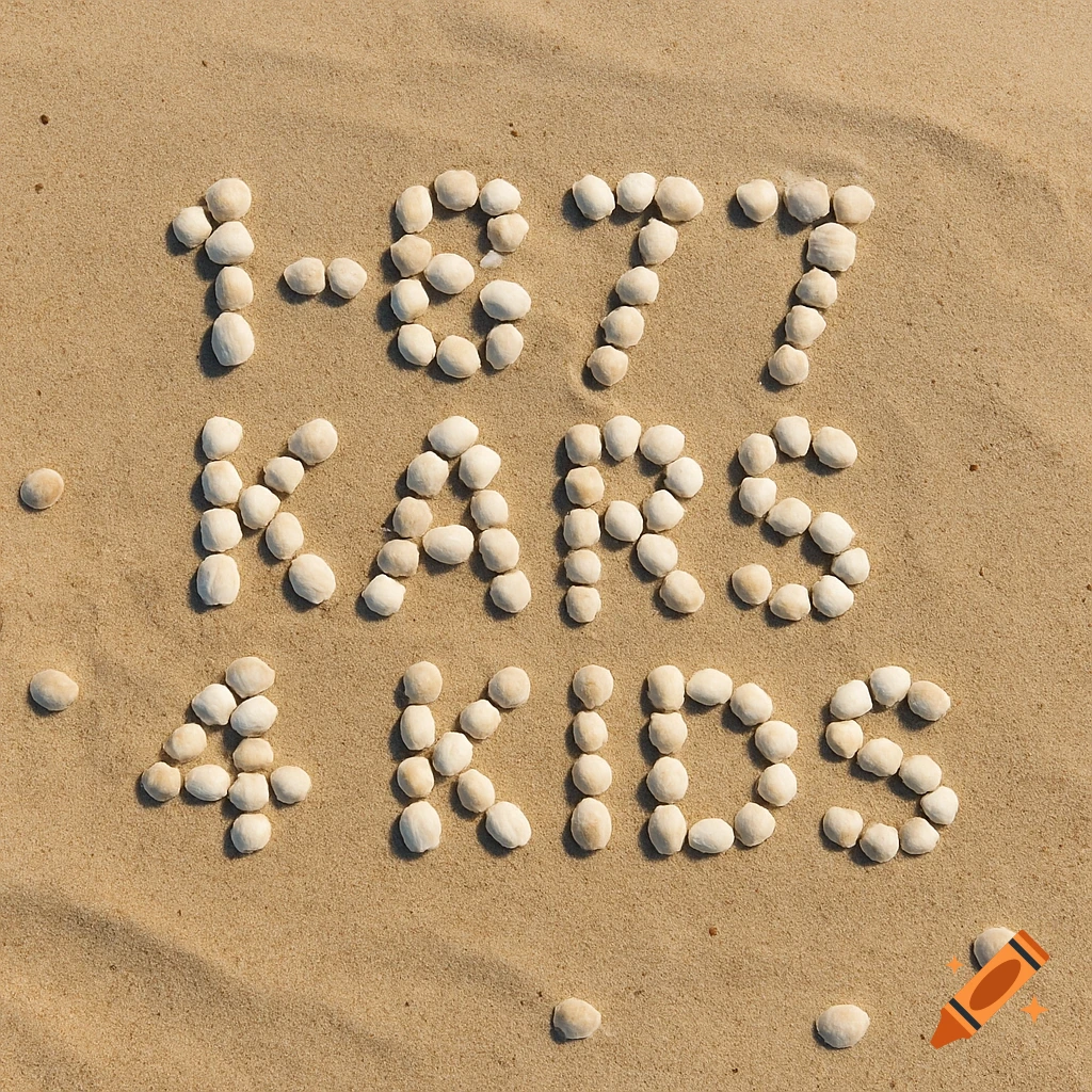 Seashells spell '1-877 KARS 4 KIDS' on a sandy beach.