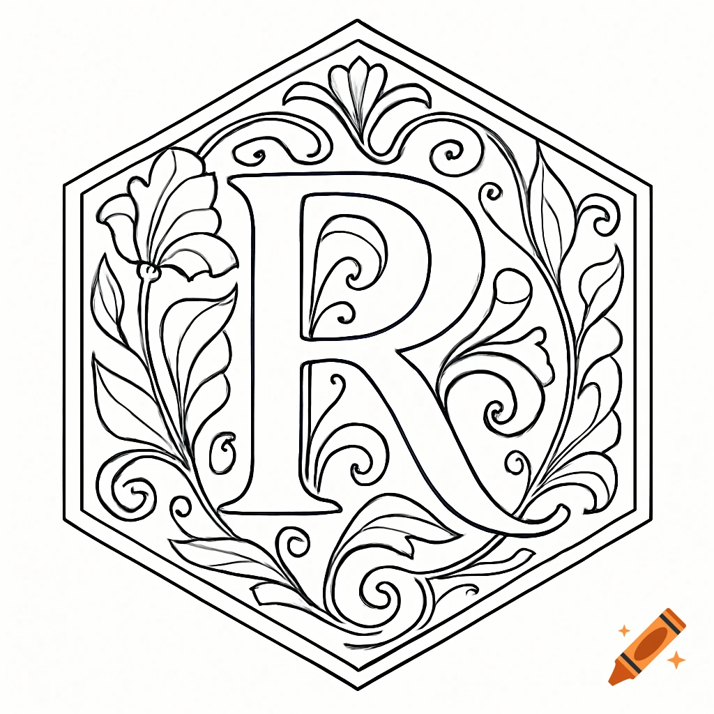 Letter R inside a hexagon frame with art nouveau floral decoration, line drawing.