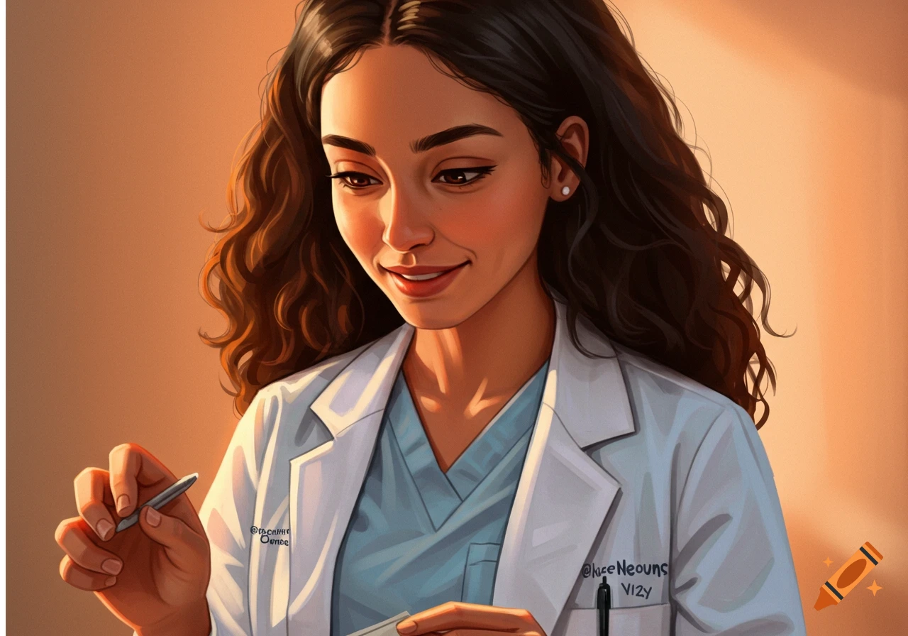 Illustration of a female doctor looking down, holding a pen and card in warm light.