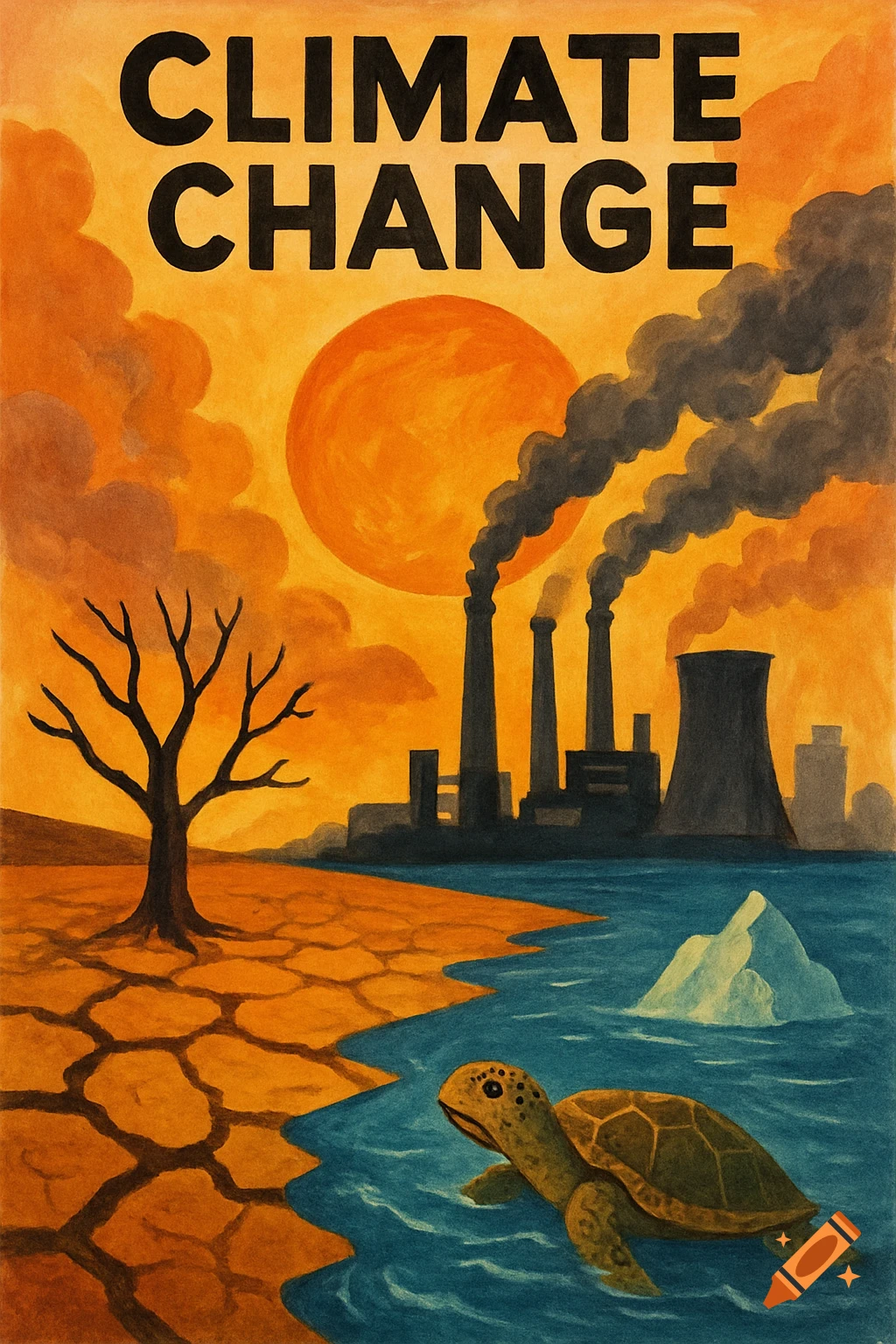 Poster style illustration of climate change with industrial pollution, dry land, melting ice, and a turtle.