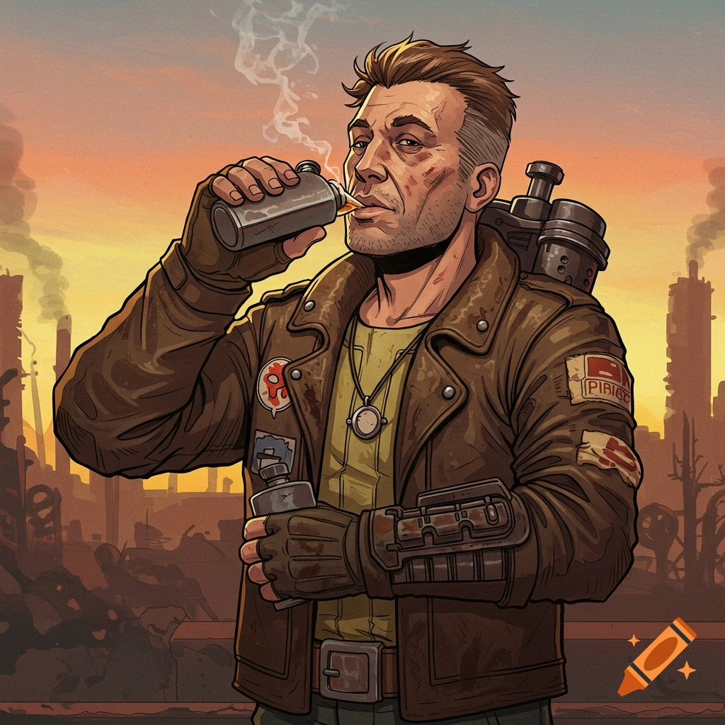 Illustrated man in Fallout-style outfit drinking from a flask and smoking cigarette in a post-apocalyptic city.