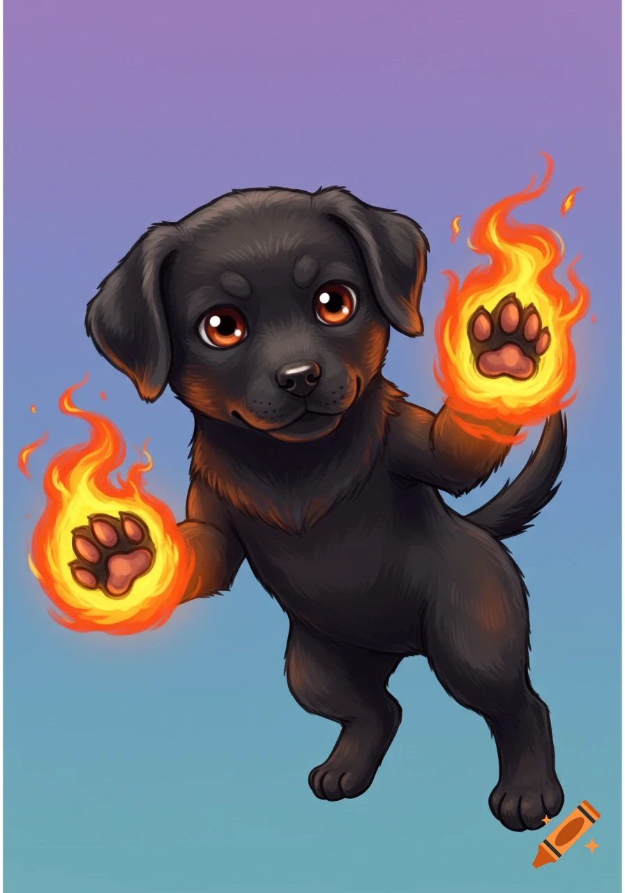 A cute black labrador puppy with fiery paws in a cartoon style.