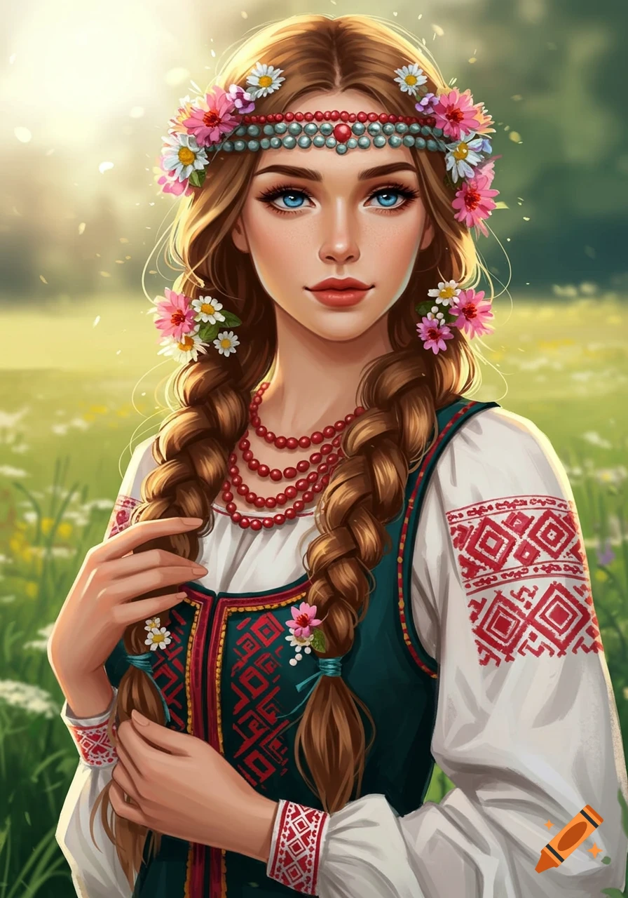 Beautiful woman in traditional Slavic dress with braided hair and flower crown in a sunlit field.