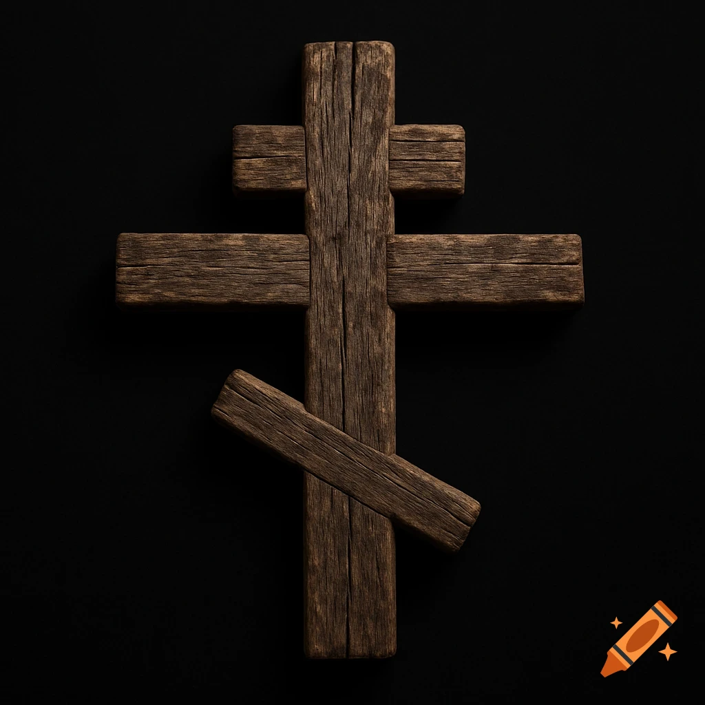 Photorealistic aged wooden Russian Orthodox cross on a black background.