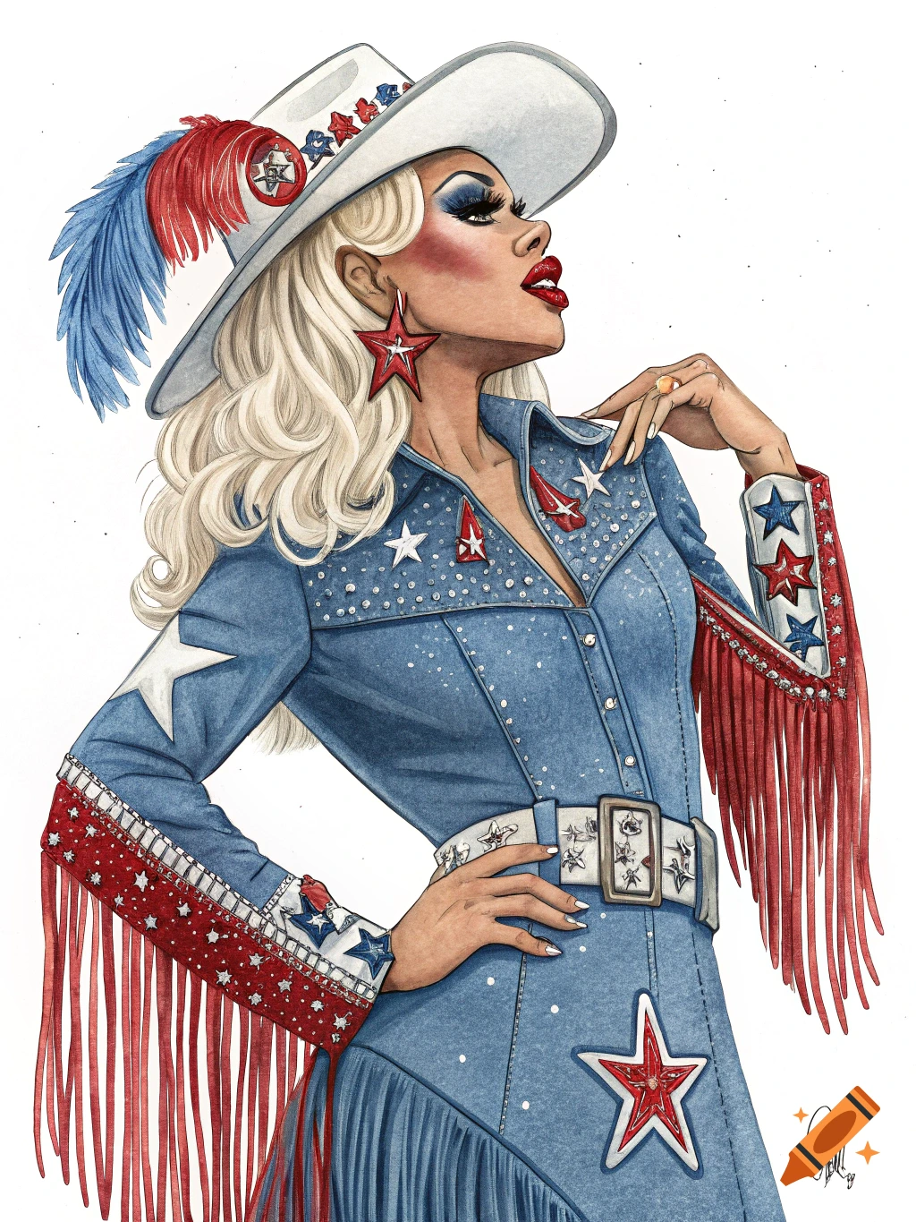 Illustration of a drag queen in a patriotic red, white, and blue fringed denim jacket, cowboy hat, and star earrings.