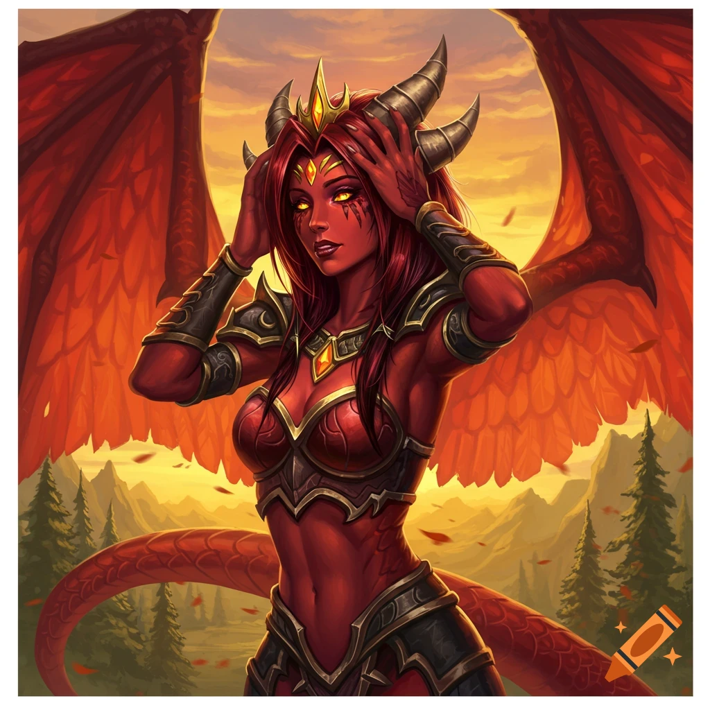 Fantasy art of red dragon character Alexstrasza from World of Warcraft in armor against a sunset landscape.