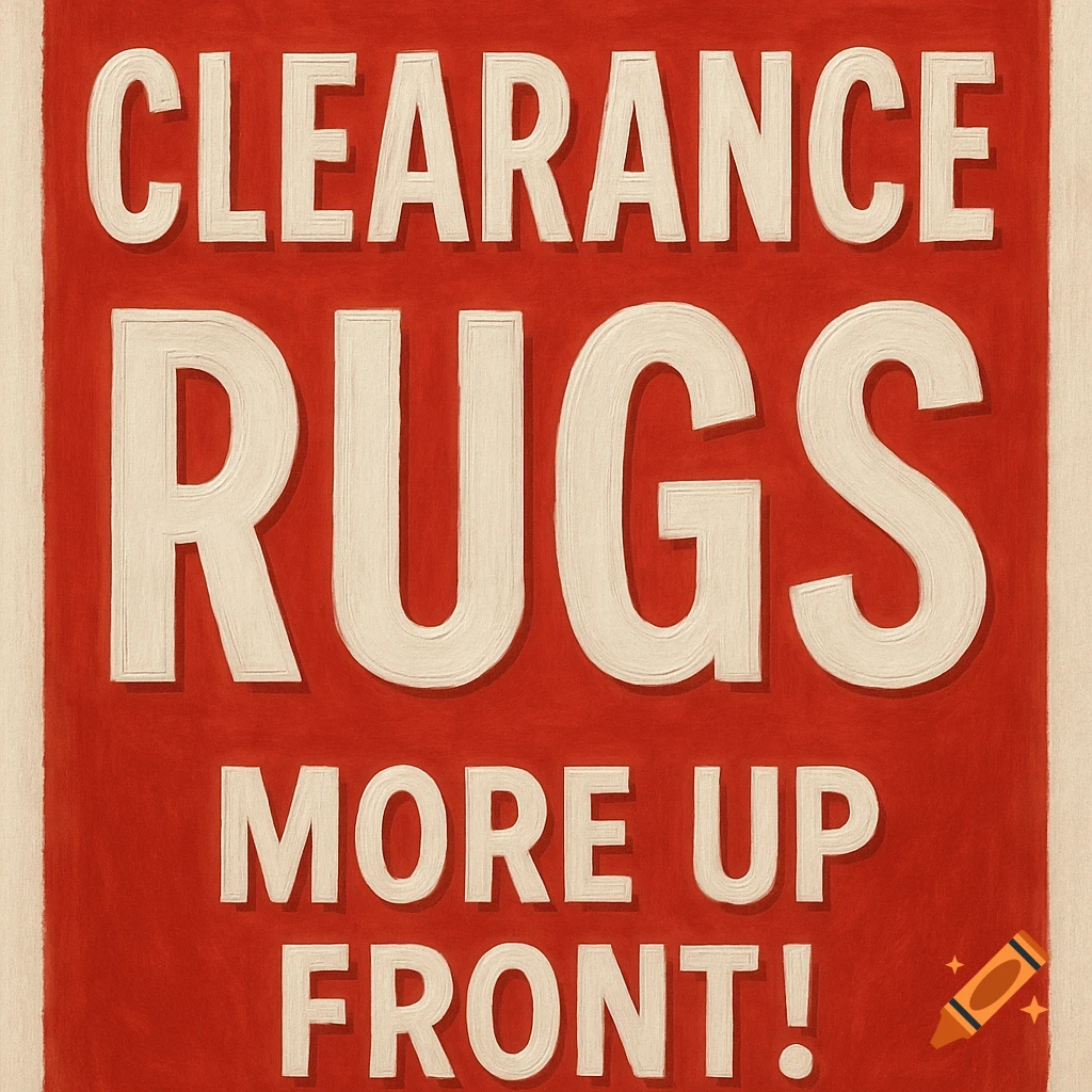 Red sign with white embossed text saying 'CLEARANCE RUGS MORE UP FRONT!'