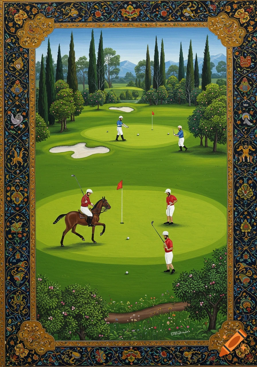 Persian miniature painting of a golf game with players and a rider on horseback, featuring a decorative border.