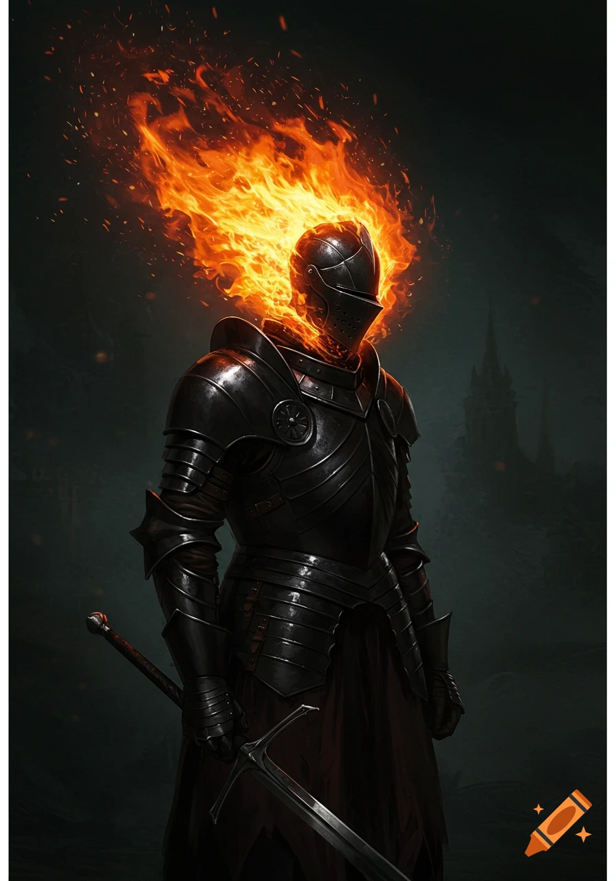 A dark fantasy knight in black armor with flames on its head, holding a sword.