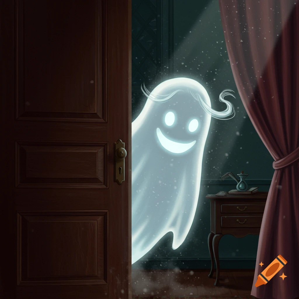 A friendly cartoon ghost peeking around a door frame into a dimly lit room.