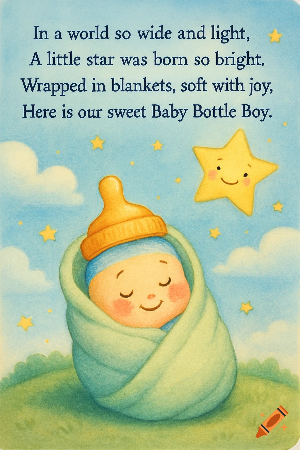 Illustration of a baby wrapped in a blanket under a starry sky with text.