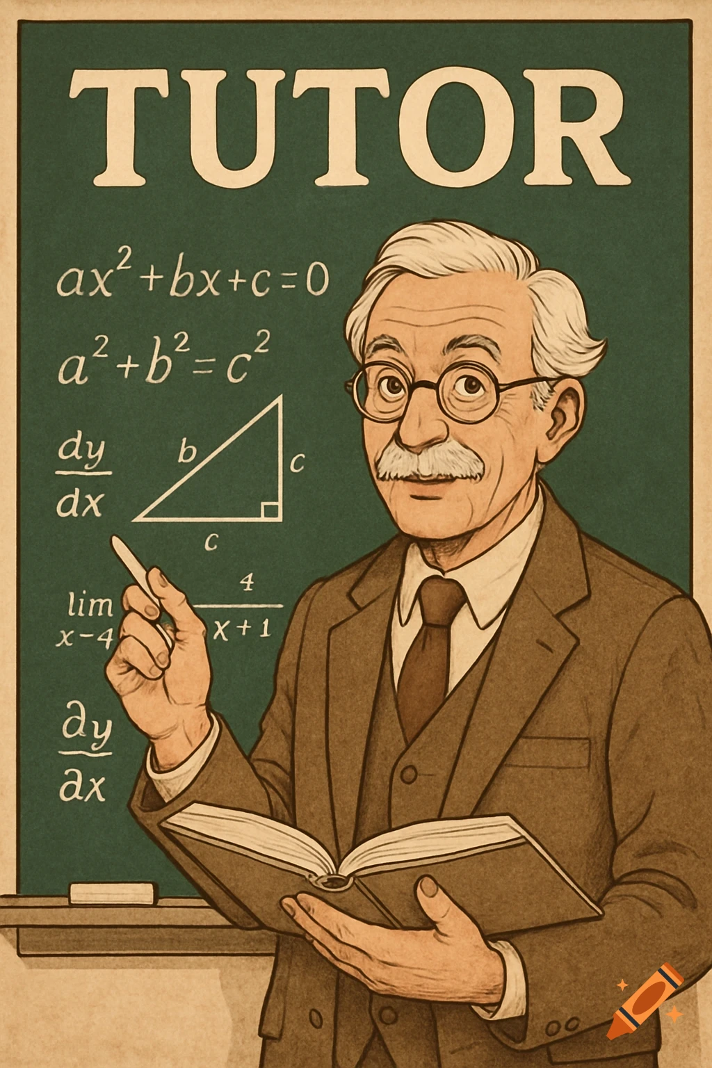 Stylized illustration of an older tutor pointing at a chalkboard filled with mathematical equations while holding a book.