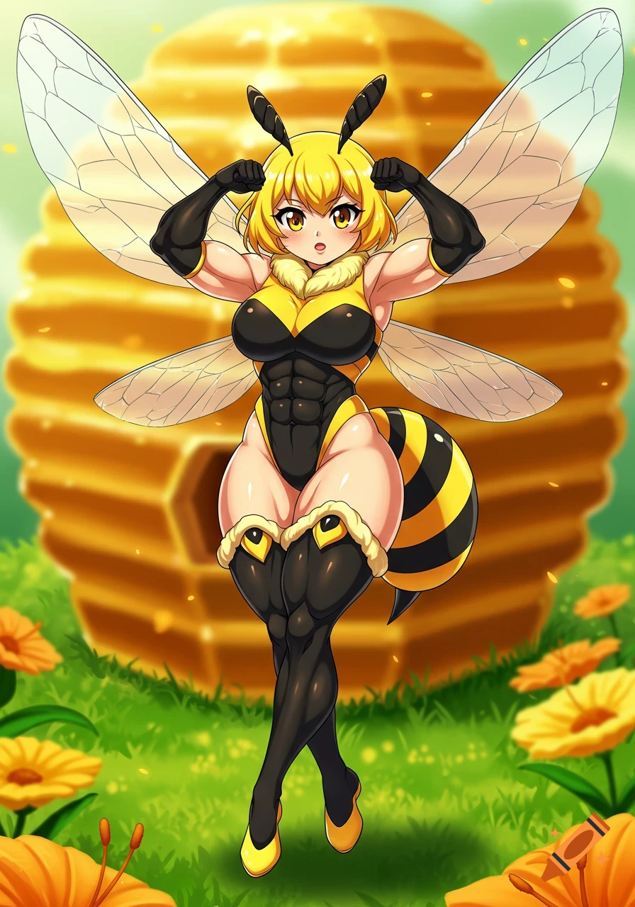 Anime bee girl with muscles posing in a field with a large beehive