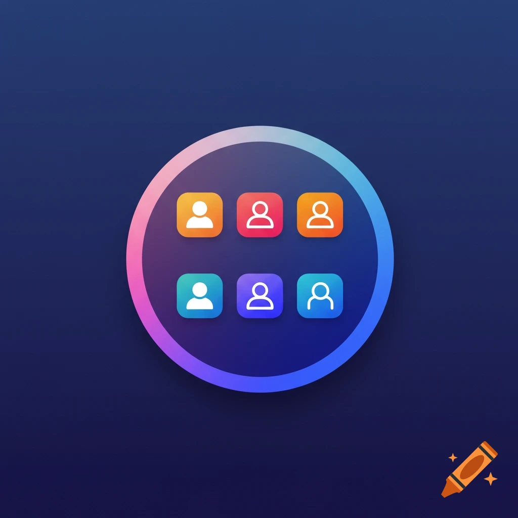 Circular app icon with six abstract user icons inside a gradient ring on a dark background.