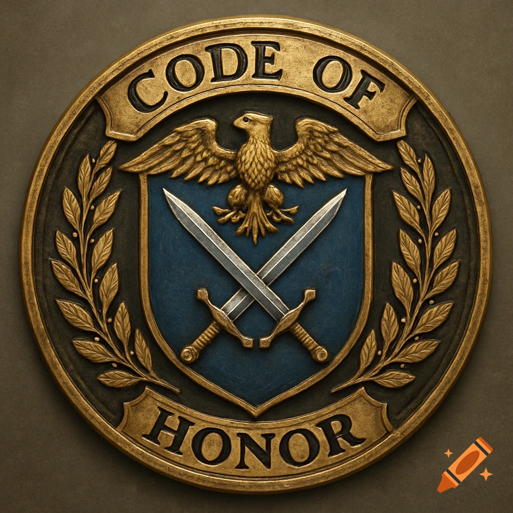 Bronze and blue emblem with eagle, shield, crossed swords, and text 'Code of Honor'.
