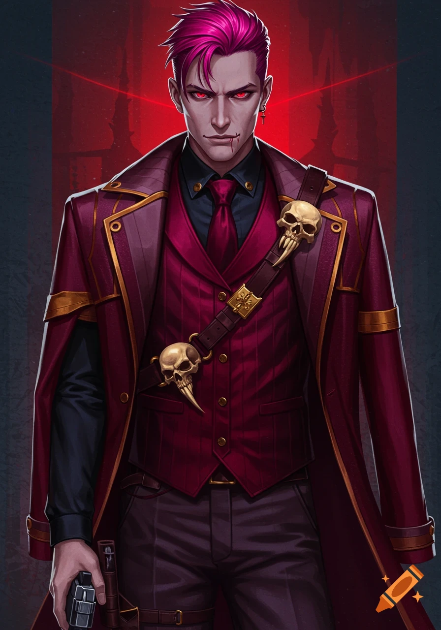 A fantasy character with pink hair and red eyes, wearing a burgundy suit and coat with skull accessories, holding a gun.
