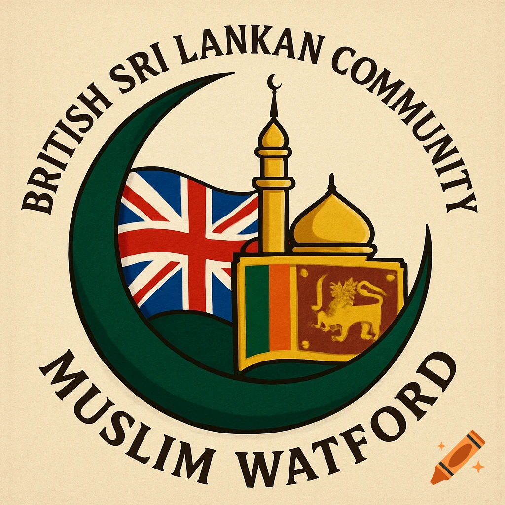 Logo with crescent moon, UK and Sri Lankan flags, mosque, and text