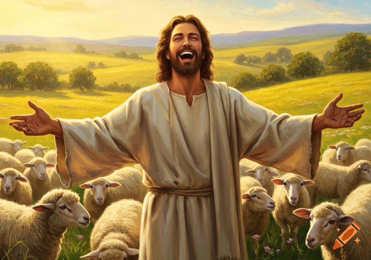 Jesus with open arms laughing among sheep in a sunny field